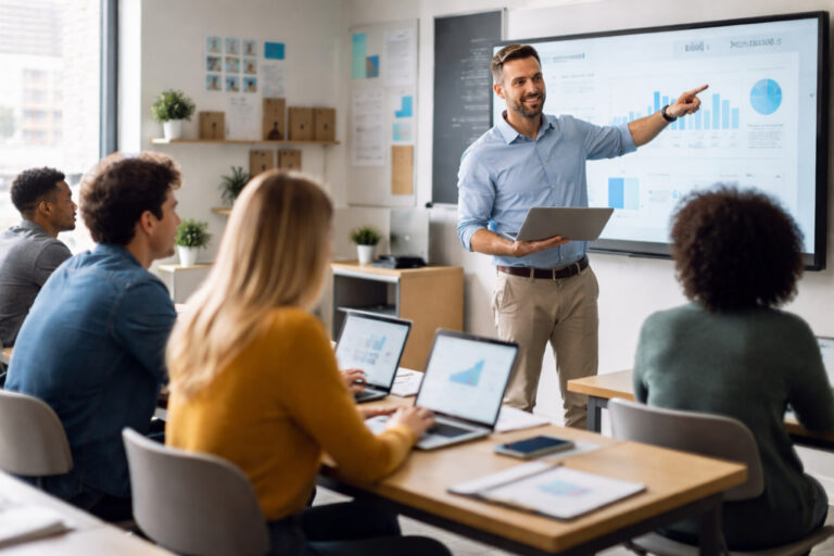 Aula moderna con estudiantes y docente utilizando tecnología digital en un entorno educativo presencial