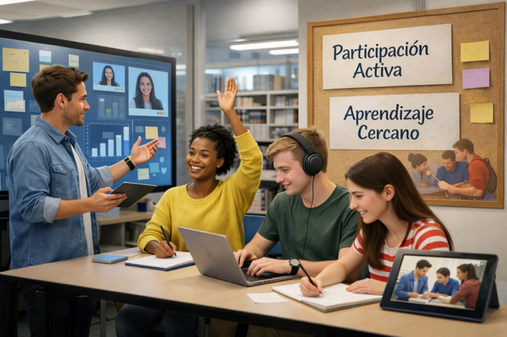Innovación educativa basada en la participación del alumnado Estudiantes participando activamente en un aula moderna con apoyo de tecnología educativa y aprendizaje digital colaborativo
